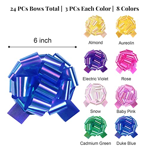 PAPER FAIR 24Pcs 8 Color Iridescent Easter Gift Pull Bow Set, Large 6" Assorted, for Gift Basket Bag Box Wrapping DĂ©cor, Valentines Day, Birthday, Anniversary, Christmas, Florist Packaging