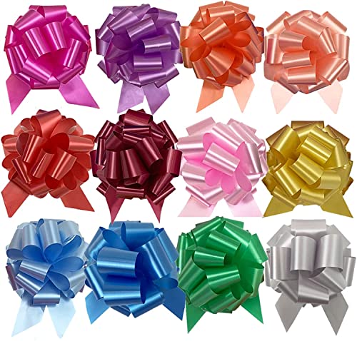 UNIQOOO 24Pcs 12 Color Easter Gift Wrap Pull Bows, Large 6 Inch Assorted Gift Pull Bows for Gift Basket, Gift Bag Box Wrapping Décor, Valentines Day, Birthday, Anniversary, Wedding, Florist Packaging