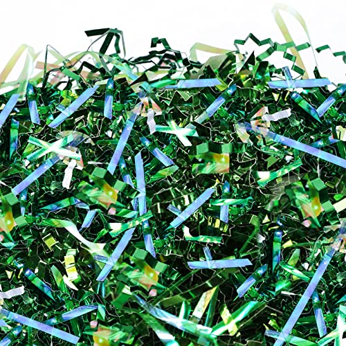 PAPER FAIR 1 LB Metallic Green Easter Grass Crinkle Cut Paper, Iridescent St. Patrick Day Green Raffia Tissue Paper Filler Shed Strand Craft Bedding Cushion, Christmas, Birthday For Gift Basket Boxes