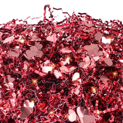 PAPER FAIR 1 LB Valentine's Day Crinkle Cut Paper with Rose Gold Heart Confetti, Metallic Red Paper Shred Filler Strand Raffia Tissue Craft Bedding Cushion, Christmas Party Birthday Gift Box Basket Retail